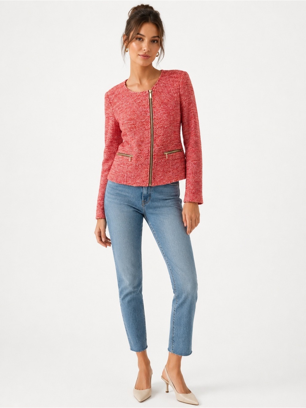 Etcetera Coral Tweed Asymmetrical Zip Jacket